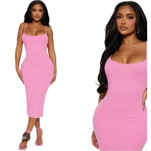 NWT Fashion Nova Midi Bodycon Size 3X Bella Ribbed Summer Barbie Pink Dress - Picture 1 of 11